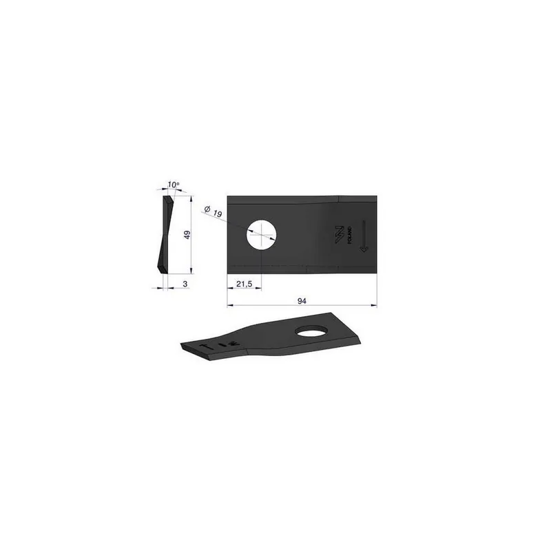 Nóż. nożyk kosiarka prawy 94x48x3mm otwór 19 zastosowanie 570410 Niemeyer Kverneland WARYŃSKI Oferta limitowana