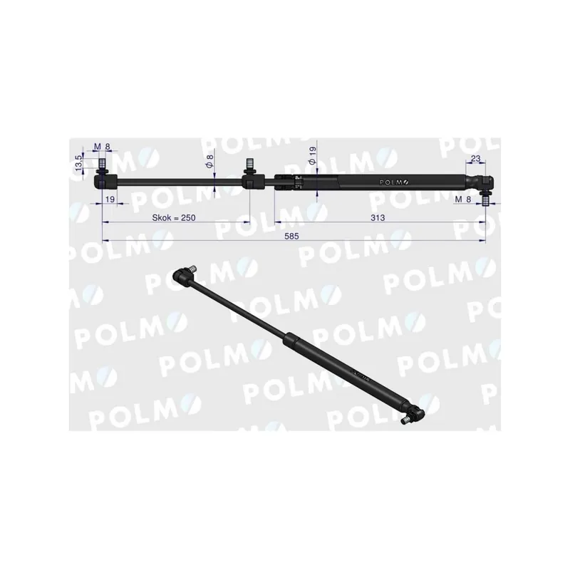 Dostępne od ręki Siłownik szyby tylnej L max. 585mm 65417037 MASSEY FERGUSON POLMO